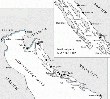 kaart van de zeilbestemmingen in Kroatie