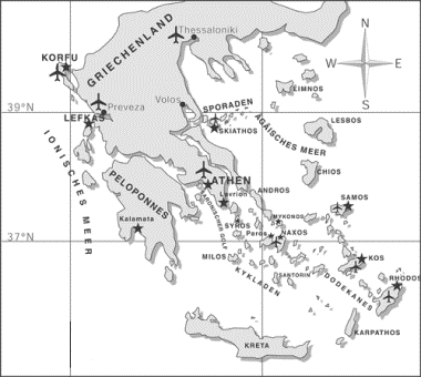 kaart met de zeilbestemmingen in Griekenland