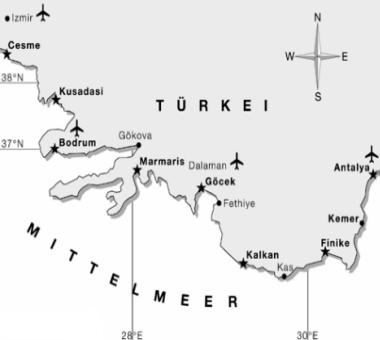 kaart met zeilbestemmingen Turkije